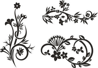 Floral vector ornamental set with various types of flowers, plants, leaves and swirls, made in traditional Japanese and Chinese styles. Page decoration sakura designs, vinyl and laser ready.