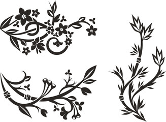 Floral vector ornamental set with various types of flowers, plants, leaves and swirls, made in traditional Japanese and Chinese styles. Page decoration sakura designs, vinyl and laser ready.