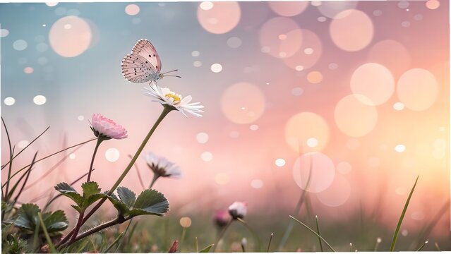 Fototapeta Delicate butterfly on daisy flower in soft sunset light