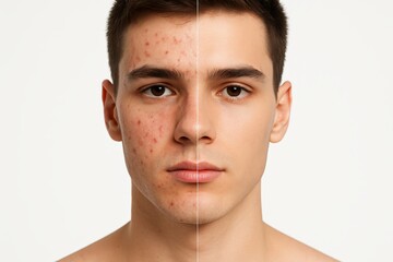 Before and after acne treatment on male face