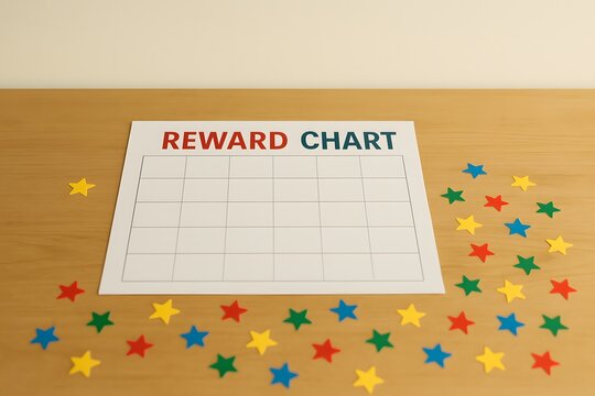 Reward chart with colorful stars on wooden table background  