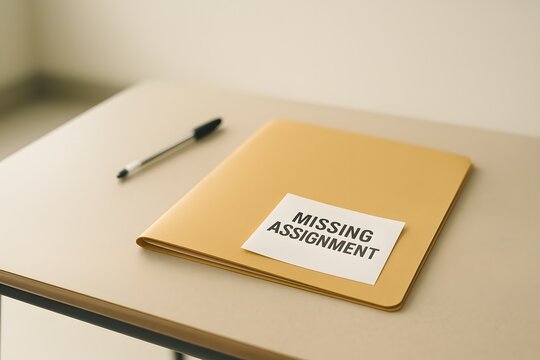 Missing assignment notice on yellow folder with pen on desk  
