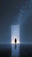 Obraz premium Silhouette enlightenment theme A figure stands before a glowing door, beckoning.