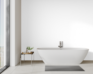 Modern bathroom mockup with center bathtub and twin sink wood vanity in minimalist interior with transparent wall with Realistic Shadows – 3D render
