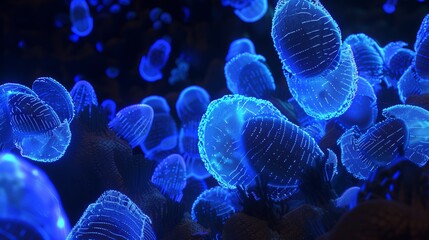 Glowing Microscopic Cells in Soft Blue Light – Futuristic Biology Concept