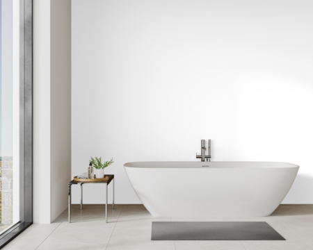 Modern bathroom mockup with center bathtub and twin sink wood vanity in minimalist interior with transparent wall with Realistic Shadows – 3D render - Powered by Adobe