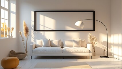 Modern minimalist living room design with blank wall space for artwork decoration in sunlight