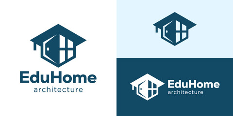 Creative simple education home logo template. Abstract graduation cap with door and window for Academy of architecture logo design vector illustration.