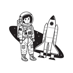astronaut noir with spaceship, 2d Sticker, colorful, t-shirt clean design, illustration 