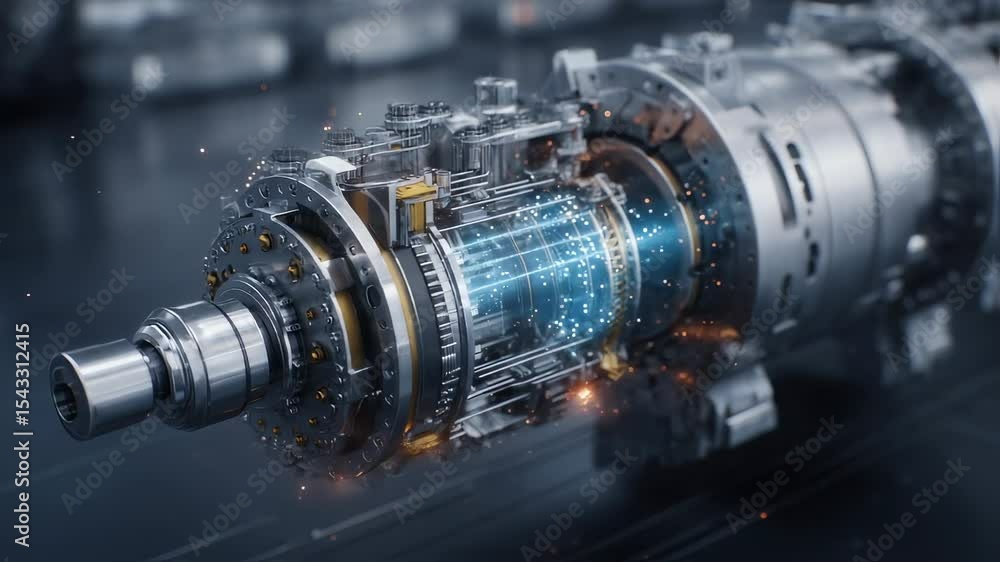 Aufkleber complex futuristic engine rotating and showing its internal gears and mechanisms with digital blue l