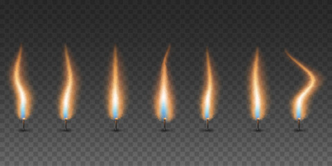 Set of realistic fire effects on wick of candle on a transparent background. Burning flame from candles for visualizing heat, combustion, festive Diwali event or birthday. Vector illustration. © sersupervector