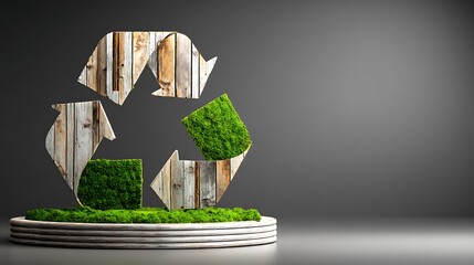 Eco-friendly Recycle Symbol Made with Wood and Green Moss on Minimalist Background