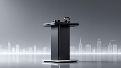 Modern podium displaying headphones and sunglasses with city skyline background