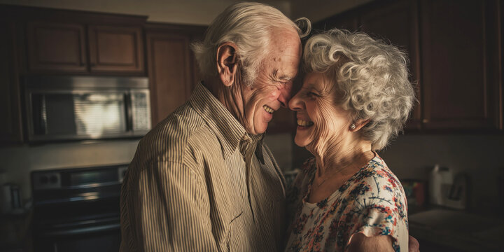 Beautiful senior couple is dancing and smiling while cooking together in kitchen