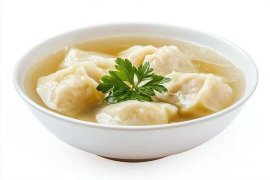 Chuchvara dumplings served in clear broth with a sprig of parsley on a white background emphasizing traditional flavors