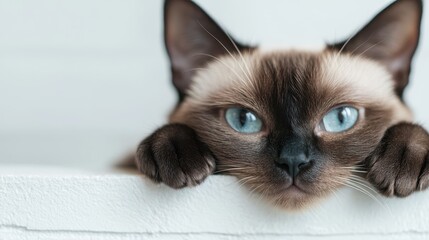 A serene Siamese cat with striking blue eyes rests its paws on a surface, showcasing its unique markings and calm demeanor, embodying the essence of feline elegance.