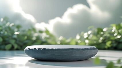 Natural stone podium displaying products with blurred foliage and soft sunlight in a tranquil scene