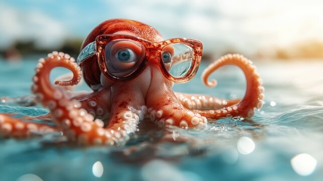 A whimsical octopus wearing glasses floats in water, combining marine life with humor, showcasing the playful nature of sea creatures and their unique adaptations.