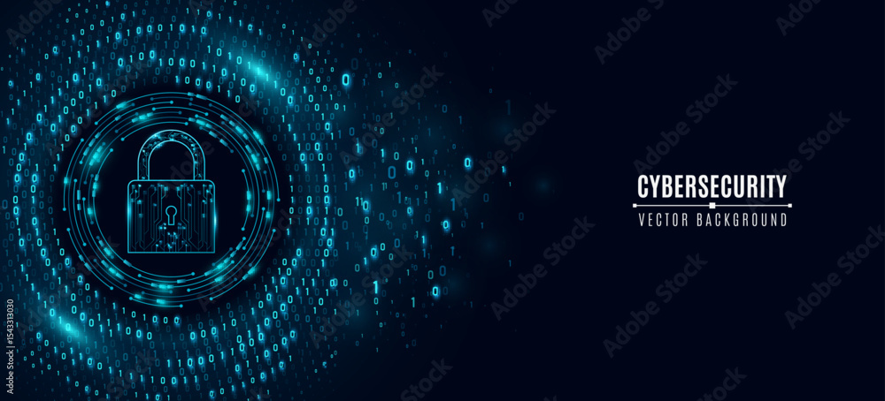 Poster futuristic cybersecurity concept featuring a glowing cyber padlock surrounded by binary code and dig