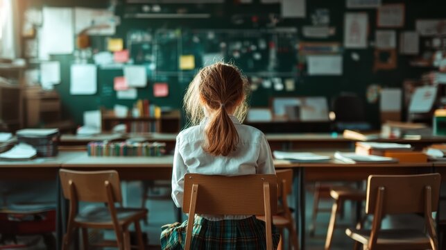 A young girl sitting alone in an empty classroom, symbolizing contemplation and the journey of learning, with desks and educational materials visible in soft lighting. - Powered by Adobe
