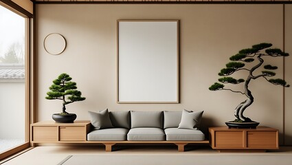 Serene japanese minimalist living room interior featuring a modern sofa with bonsai trees