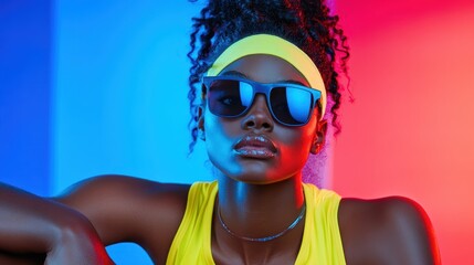 A fashionable woman with curly hair dons stylish sunglasses, exuding confidence and flair amidst a strikingly colorful background that captures modern urban style.