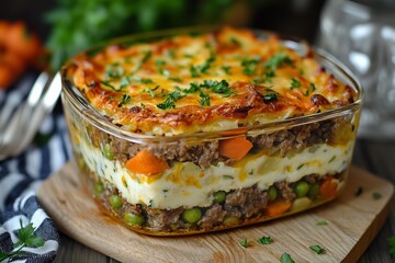 Dimlama layered meat and vegetables casserole prepared in a glass dish with vibrant colors and a crispy top at a cozy kitchen setting