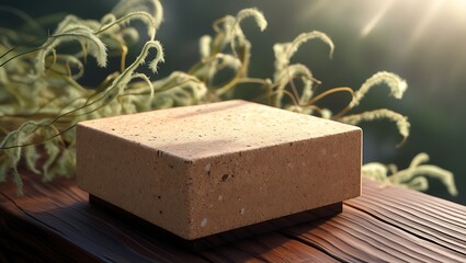 Square brick podium product display on wooden surface with natural greenery backdrop
