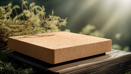 Square cork podium displayed on a wooden surface with natural forest background