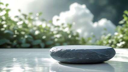 Stone pedestal displaying products with nature background and blurred leaves in soft light