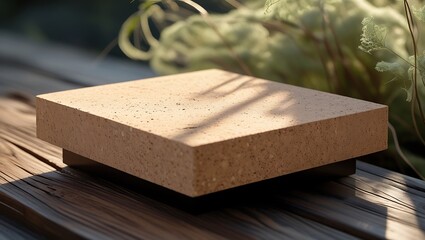 Square stone podium platform for product display presentation with rustic wooden background