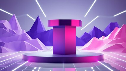 Vibrant 3d rendered podium for product display with futuristic geometric mountain background