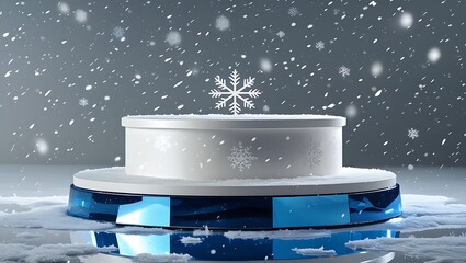 Winter holiday product showcase with snowy atmosphere and elegant product presentation