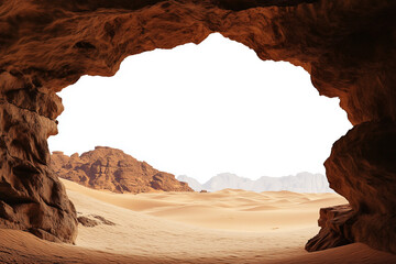Desert Landscape Viewed from Cave Opening Brown Rocks Sand Dunes
