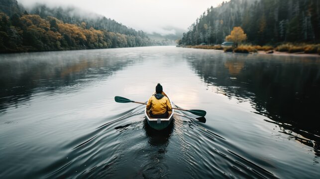 A lone kayaker paddles serenely across a misty lake surrounded by autumn foliage, representing tranquility, solitude, and the profound beauty of nature at dawn. - Powered by Adobe