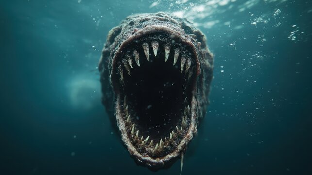 A terrifying underwater creature showcasing jagged teeth and an aggressive stance, illustrating the raw power and mystery of the deep ocean's predators to viewers.