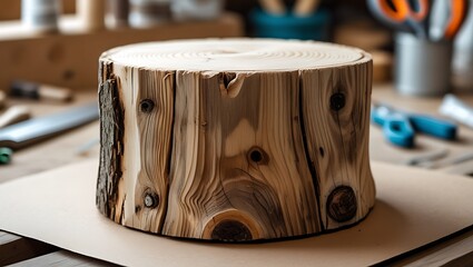Wooden stump displaying natural wood grain and knots with a circular cut surface and bark