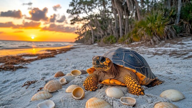 Turtle on a beach at sunset.  Tropical sunset over the ocean with a tortoise on the sandy shore surrounded by seashells