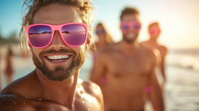 A group of friends on a sunlit beach, wearing pink sunglasses and smiling broadly, conveys a joyful summertime vibe, encapsulating the essence of friendship and fun at the ocean.