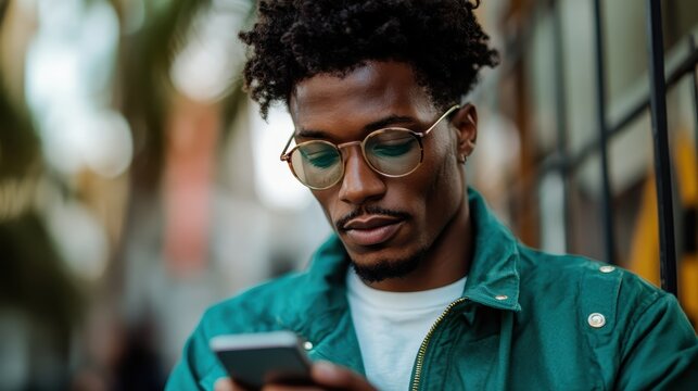 A modern stylish man engrossed in his smartphone while seated outdoors, encapsulating the fusion of technology and urban lifestyle amid a vibrant environment.