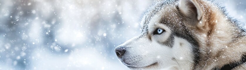 Close-up of Alaskan Malamute in gentle snowfall