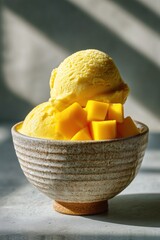 Mango Ice Cream with Fresh Mango Cubes in Modern Tropical Setting