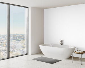 Bathtub near window with full black background wall in luxury apartment bathroom mockup PNG - modern luxury bathroom – Transparent Wall Mockup with Realistic Shadows – 3D render