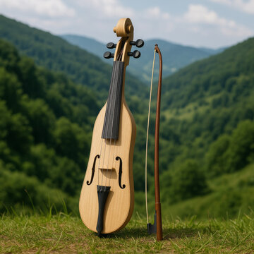 Traditional Turkish Kemenche on Grass with Lush Black Sea Mountains Background
