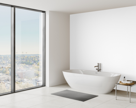 Bathtub near window with full black background wall in luxury apartment bathroom mockup PNG - modern luxury bathroom – Transparent Wall Mockup with Realistic Shadows – 3D render