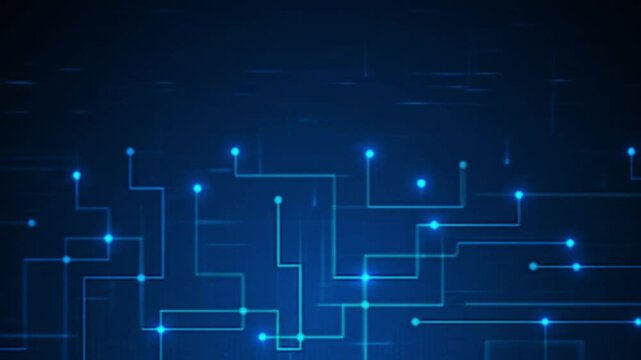 Blue Glowing Digital Network on a Dark Background. Futuristic Interconnected Lines and Nodes Animation. Clean and Modern Technology Abstract Loop. Bright Blue Circuit Board Themed Background.
