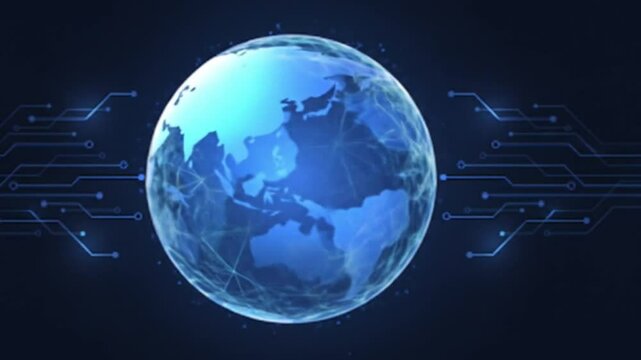 Stylized Globe with a Digital Network Pattern. Futuristic Global Communication and Technology. Luminous Blue Continents on a Dark Background. Modern Connectivity Theme with Circuit-Like Lines.