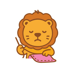 A Cute Lion Sewing a Pink Fabric