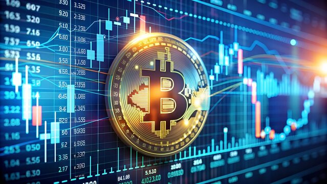 Modern cryptocurrency interface design with prominent Bitcoin symbol and data visualizations.