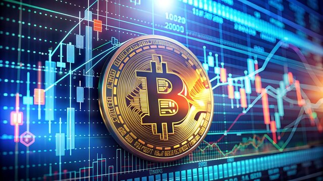 Modern cryptocurrency interface design with prominent Bitcoin symbol and data visualizations.